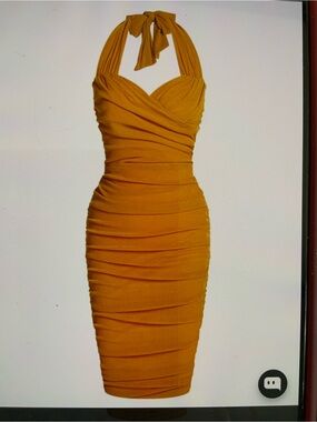 Ruched Halter Midi Dress in Mustard Yellow